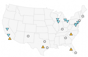 Figure 2. Location of Cities in the Trial Urban District Assessment; Gold triangle-higher than large city; Circle--not different; Blue triangle-lower than large city. Source: Nations Report Card